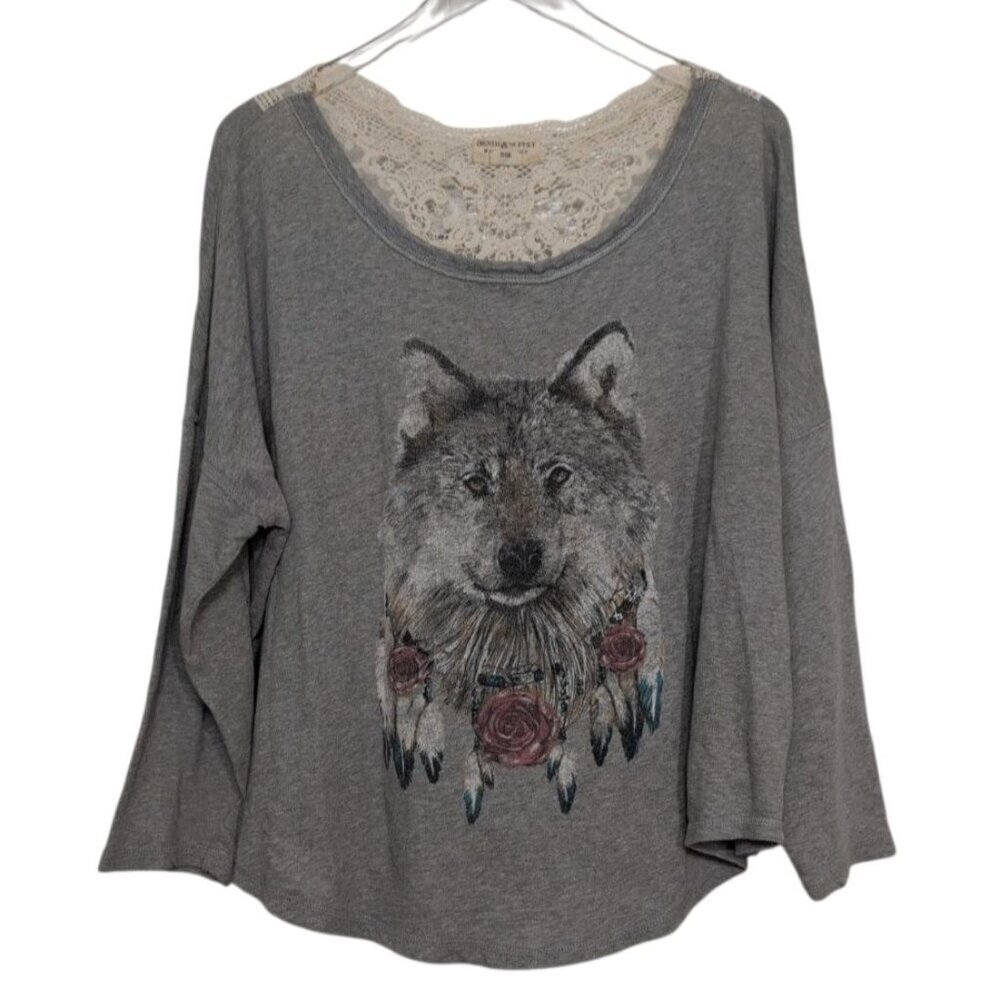 Denim & Supply Ralph Lauren Wolf Shirt Womens Size Large Gray Floral Lace